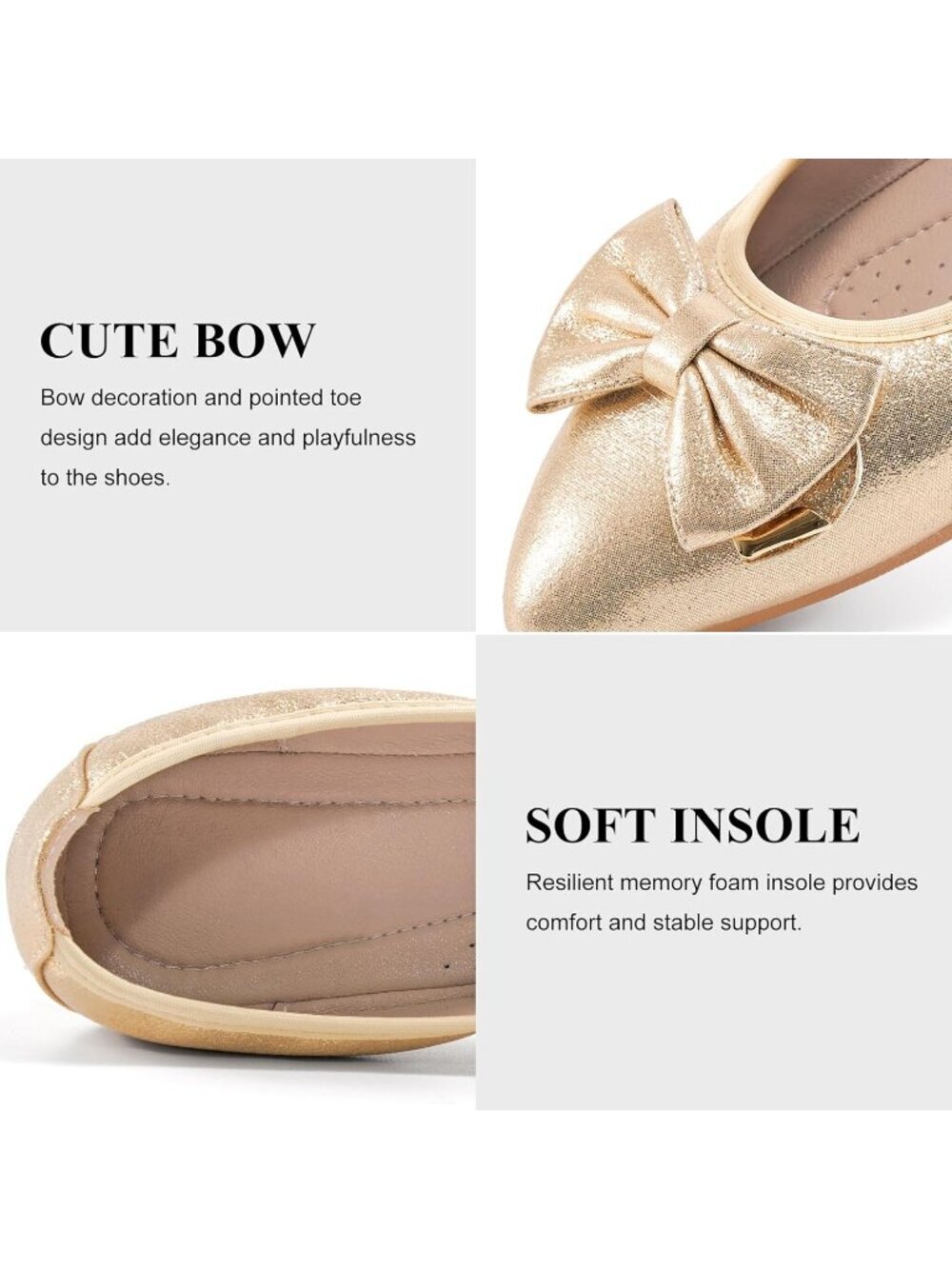 Women's Gold Ballet Flat Fordable Slip On Shoes Bow Knot Pointed Toe Loafers - Picture 4 of 6